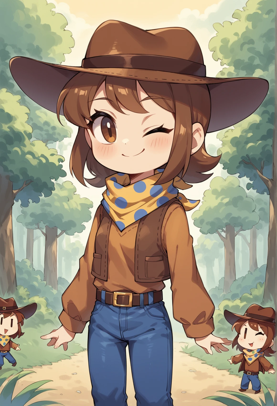 outdoors, forest, 1girl, smile, wink, brown hair, short hair, brown eyes, cowboy hat, Bandana Around Neck, polka dot, brown shirt, long sleeves, vest, belt, jeans, chibi, creature, toon \(style\),   <lora:Clover_Undertale:1>, score_9, score_8_up, score_7_up, score_6_up, score_5_up, score_4_up, BREAK source_anime, masterpiece