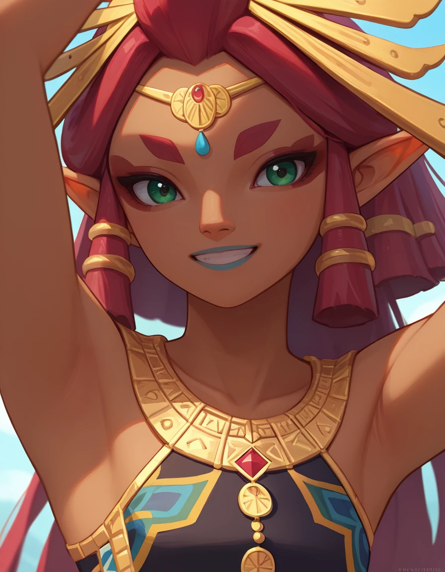 <lora:Riju:1>, riju (zelda), gerudo, solo, 1girl, face, armpits, close up, front view, smile, score_9, score_8_up, score_7_up, source_anime,