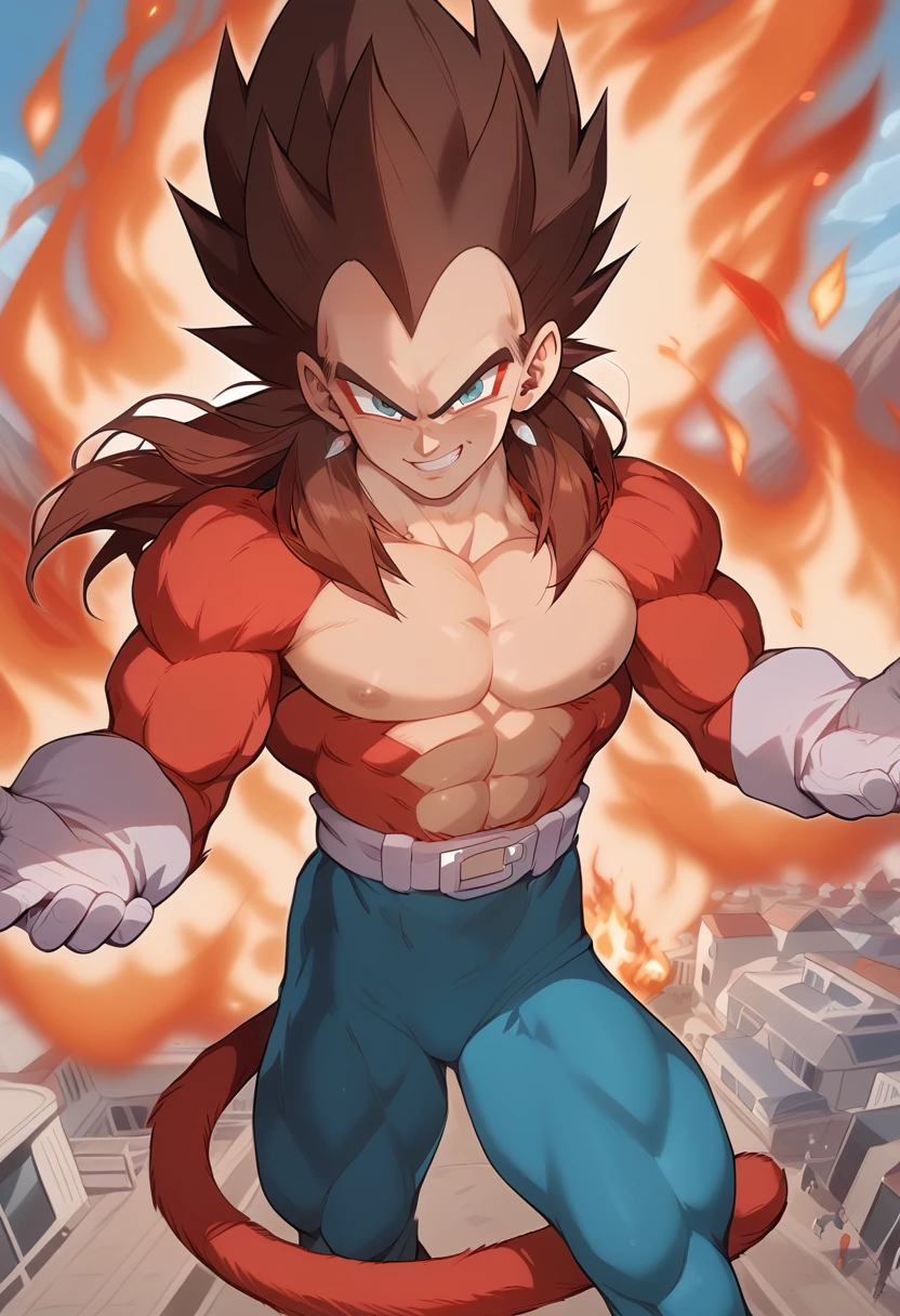 <lora:SSJ4_Vegeta:0.8>, spiked hair, 1boy, green eyes, red eyeliner, brown hair, red fur, red body fur, vegeta, monkey boy, monkey tail, BREAK armor, gloves, leggings, smile, teeth, lean, abs, looking at viewer, (surrounded by fire,:1.4) bright green sky, floating above a destroyed city on fire, 5 fingers, Ultra detailed,, score_9, score_8_up, score_7_up,