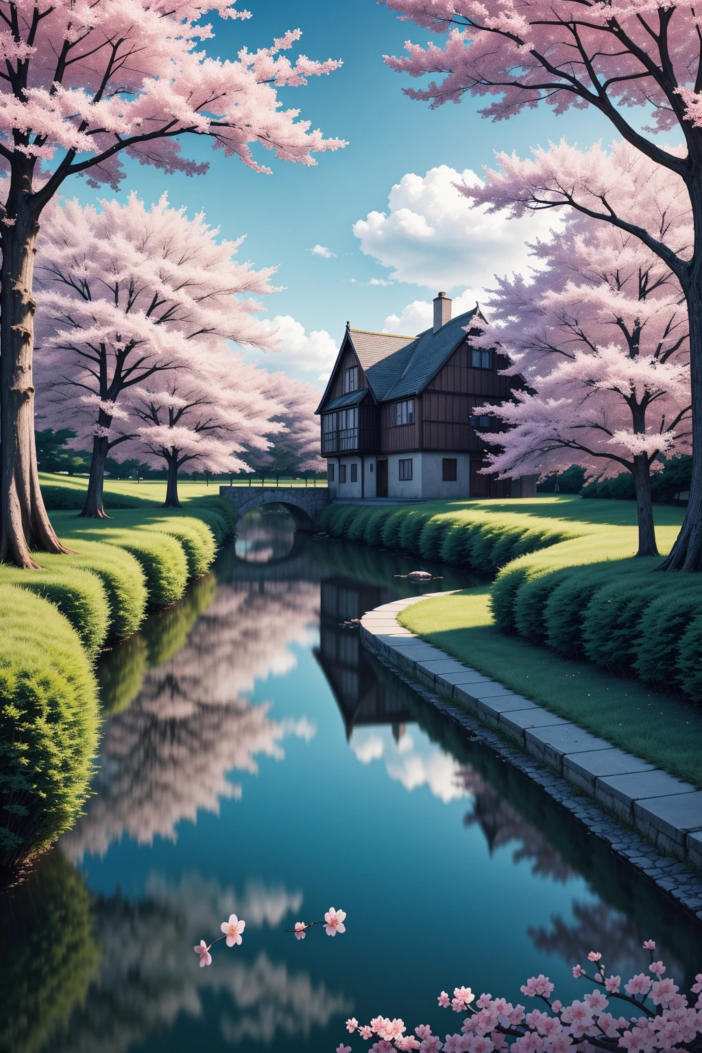 An enchanting digital illustration of a medieval town serene and magical,colorful, pastel hues, cherry blossom trees, tranquil river flowing through, quaint cottages, gentle breeze, whimsical creatures roaming around, 8k, masterpiece, artstation, highly detailed <lora:General-Design\add_detail:0.7>