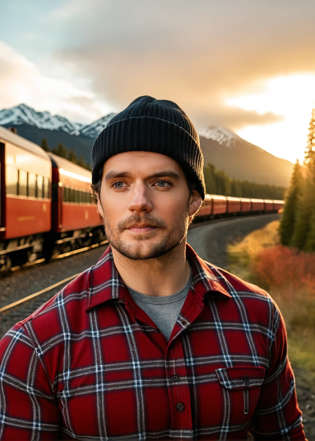 A raw editorial photograph of Henry Cavill  <lora:HenriCavilSDXL:1> , wearing a beanie, lumberjack red plaid shirt, a train in the background, beautifull warm light,  golden hour, highly detailled face, canon, 8K, alaska landscape