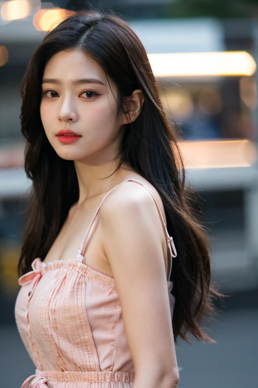 masterpiece, best quality, ultra-detailed, ultra high res, (photorealistic:1.4), raw photo, (realistic:0.2), 8k HDR, realistic lighting, looking at viewer, 1girl, solo, asymmetrical hair, outdoor, (traditional market:1.2), (day), bokeh, (detailed lips), (detailed pores), (detailed skin textures), (detailed face:1.2), (body:1.2), a woman in a sundress, cowboy shot,