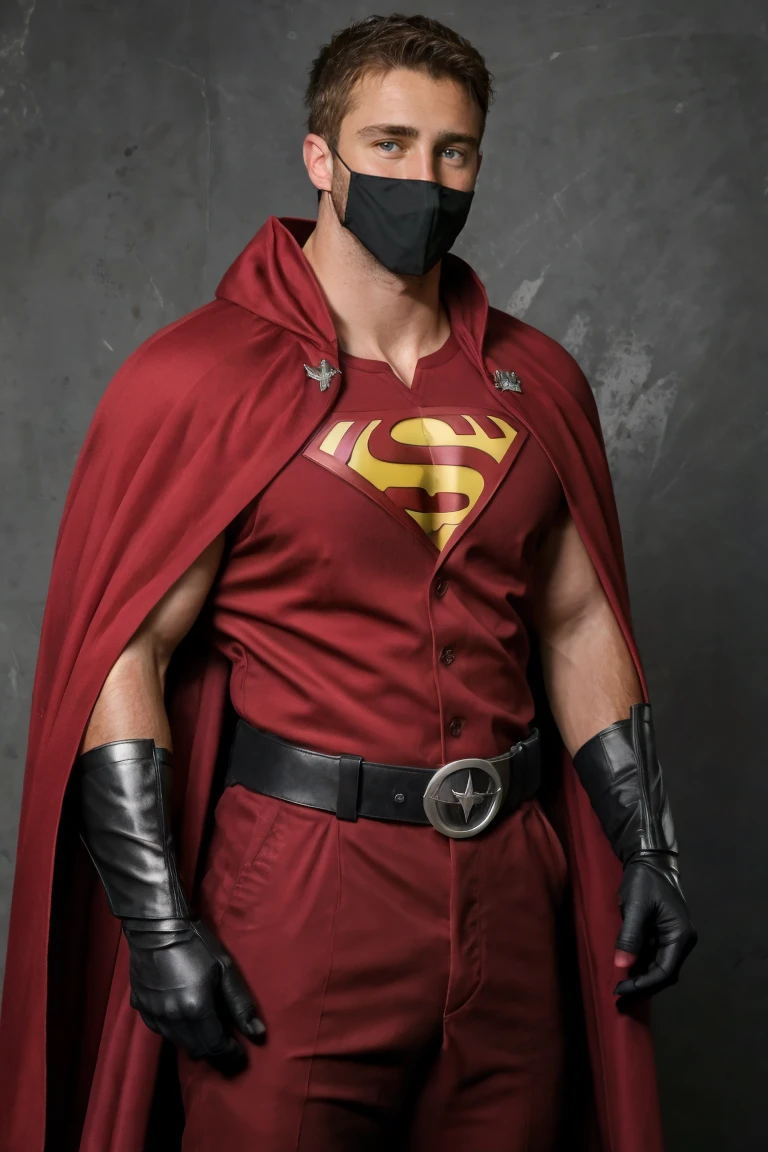 photo of a man,dr3w3, facial hair,rm up, stand, (versus), robin, (superhero shirt:1.2), red cape, gloves, Cape, mask2, muscled outfit black,, black belt, brown hair, short hair, glove, perfect face, perfect eyes, dynamic angle,  <lora:drew:.9>