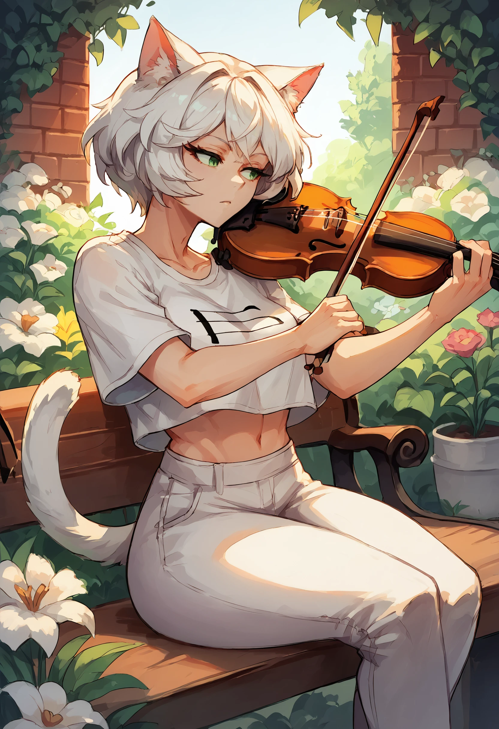 score_9, score_8_up, score_7_up, white cat girl,white cat ears, white hair, short hair,cat tail, green eyes, playing-violin, violin, holding, bow \(music\), playing violin, garden, hedge, brick wall, flowers, bench, sitting, cowboy shot, t-shirt, midriff, 
 <lora:Playing Violin (pony) v1:1>