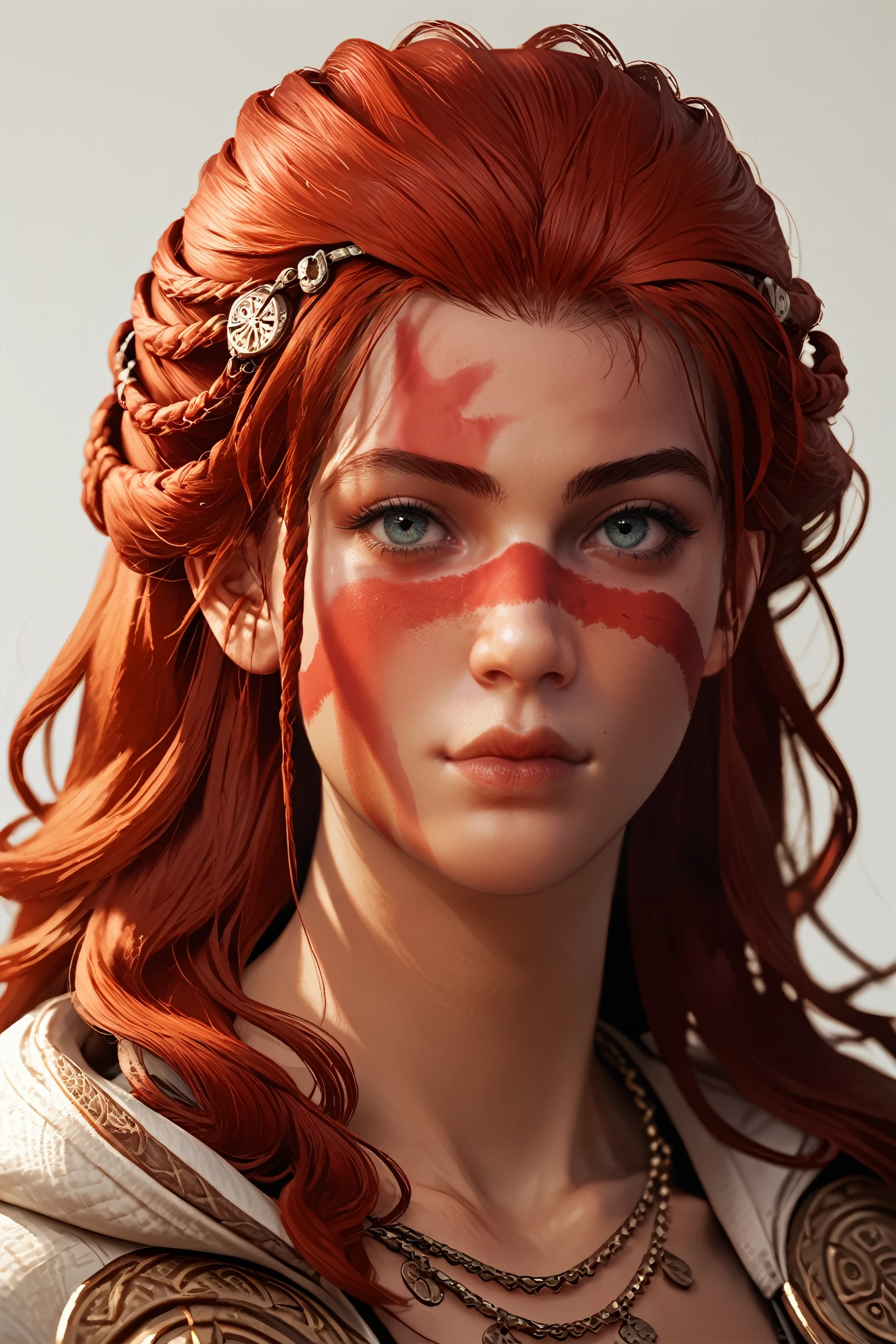 score_9, score_8_up, score_7_up, score_6_up
<lora:ACVCiara:0.8>
ACVCiara, 1girl, red hair, long hair, face paint, hair ornament, looking at viewer, simple background, portrait