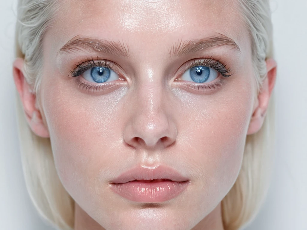 An up-close face shot of a female model with icy blue eyes, soft nude lips, and dewy skin with a slight shimmer. Her platinum blonde hair is slicked back. A minimalistic white background.