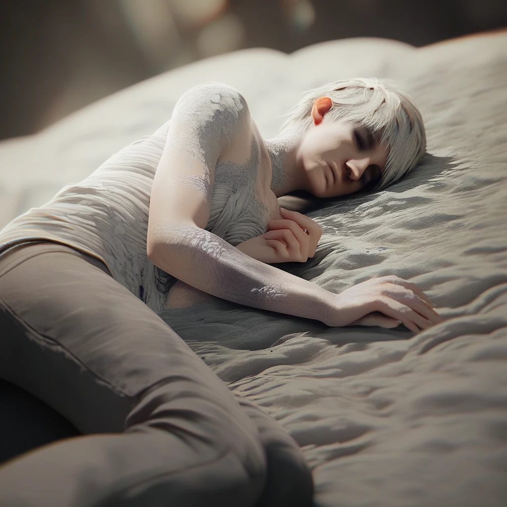 score_9, score_8_up, score_7_up, zoe-baker, resident evil, 1girl, lying, solo focus, nude, blurry, white hair, mold covering, molded, infected, on side, closed eyes, breasts, short hair, pants, closed mouth