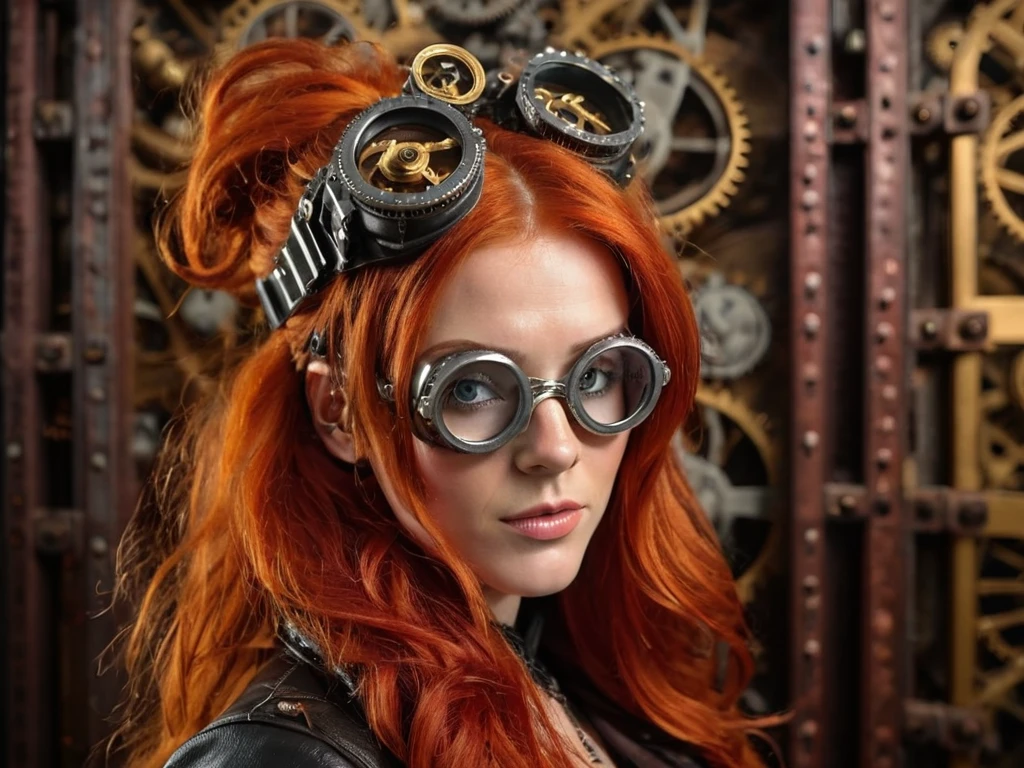 A headshot photo of a female with long fiery red hair, wearing a steampunk-inspired outfit with goggles on her forehead, in front of a vintage clockwork mechanism background.