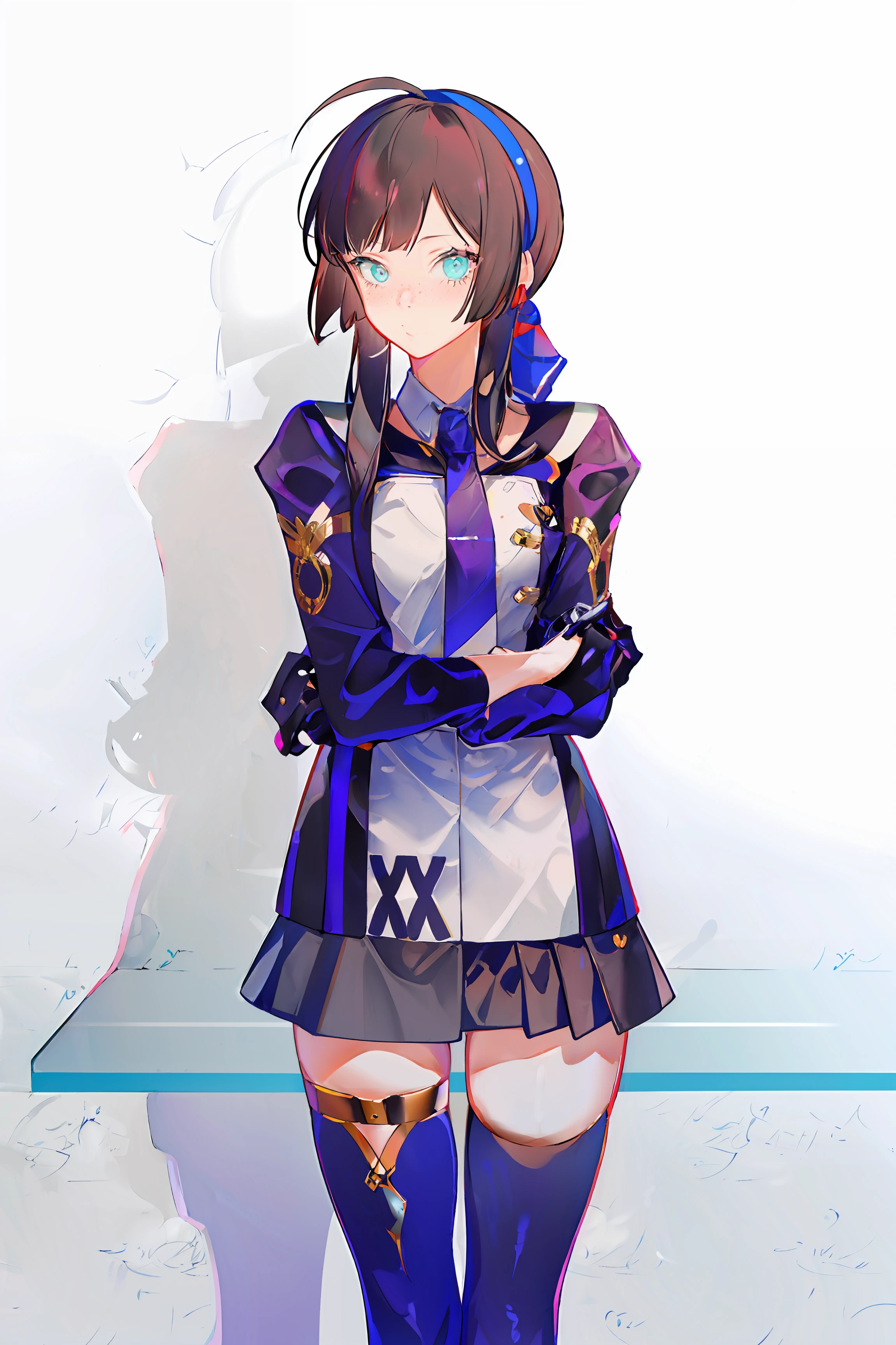 mogador \(kancolle\), 1girl, solo, thighhighs, skirt, necktie, blush, black skirt, looking at viewer, sidelocks, blue hairband, cowboy shot, black hair, belt, skindentation, asymmetrical legwear, pleated skirt, breasts, shirt, nail polish, jacket, thigh strap, long sleeves, aqua eyes, single thighhigh, <lora:Mogador:1>,