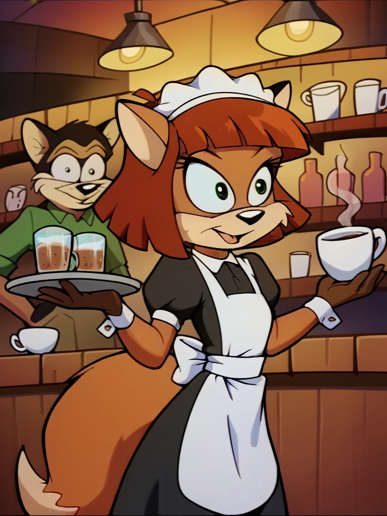 score_9, score_8_up, score_7_up, score_6_up, score_5_up, score_4_up, source_furry, jane_tloti, fox tail, maid uniform, holding tray, serving tray, cup, mug, coffee, table, chair, cafe, crowd, detailed eyes, detailed face, (retro artstyle, 1990s \(style\), flat color, toon \(style\)), <lora:janetloti-v1:1>