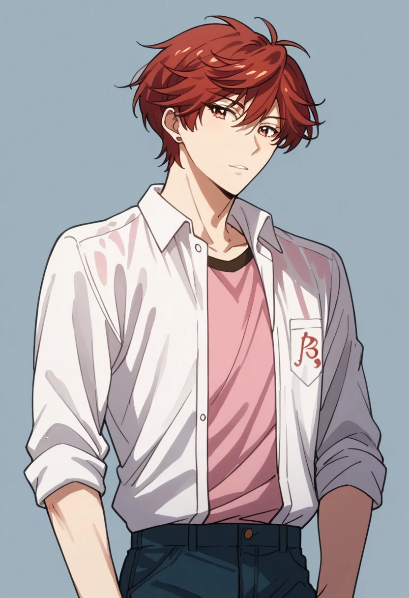 score_9, score_8_up, score_7_up, source_anime, rating_safe, MikoshibaGSN, red Mikoshiba hair, red Mikoshiba eyes, 1boy, male focus, white Mikoshiba shirt, pink undershirt, pants, cropped legs,