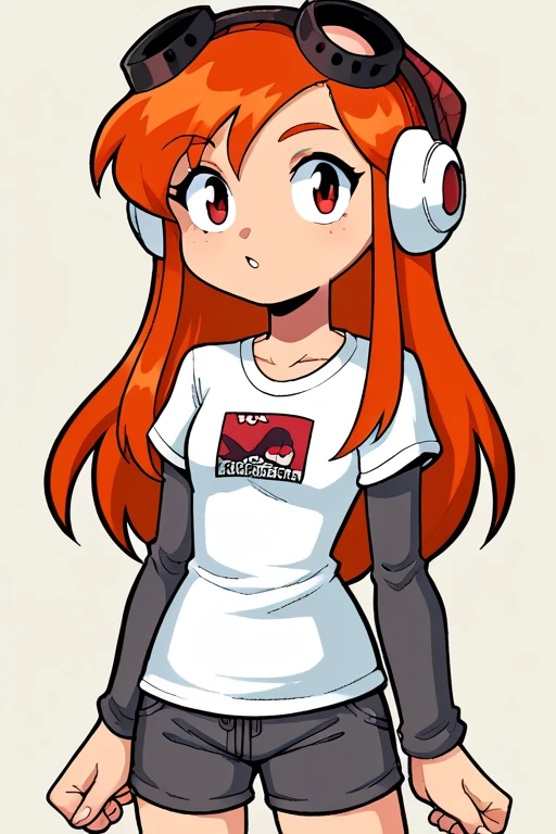 2D, score_9, score_8_up, score_7_up, BREAK, retro anime, 1girl, solo, NormalMeggy, Orange Hair, Red Eyes, White Shirt, Grey Sleeves, Shorts, headphones, red beanie, goggles<lora:EMS-457658-EMS:0.800000>