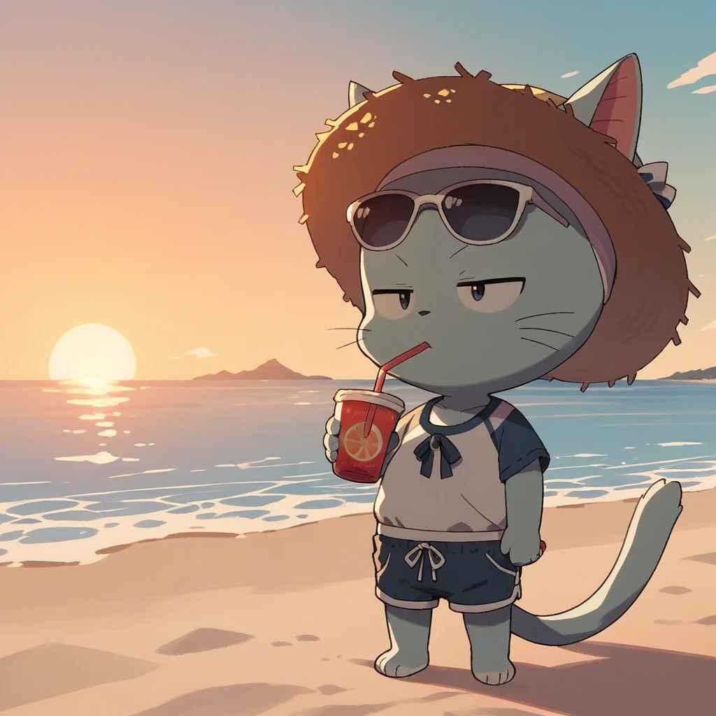 Score_9, Score_8_up,Score_7_up,Score_6_up,Score_5_up,Score_4_up,<lora:samuel-v1:1> ftsamuel, cat man, straw hat, sunglasses, cup, drinking, on beach, sand, ocean, sunset, shorts