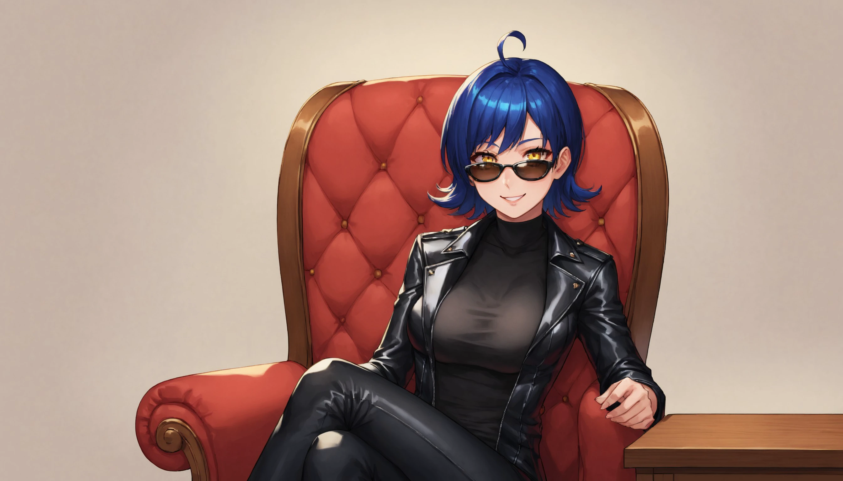 (masterpiece), best quality, expressive eyes, perfect face, score_9, score_8_up, score_7_up, source_anime, 1girl, solo, BREAK, zhenya, blue hair, short hair, ahoge, yellow eyes, medium breasts, smile, smooth body, shiny skin, BREAK, like "The matrix", black coat, leather coat, black shirt, black pants, black sunglasses, sitting on chair, crossed legs, behind table, pose, BREAK, empty background, velvet armchair, red armchair, table, white door on background, BREAK, colorful, vibrant colors, detailed face, stunning, highly detailed, 8k, intricate, cinematic, dehazed, atmospheric, highres, best quality, detailed eyes, cowboy shot, from front, <lora:0cc20795-76c3-4be0-879f-b27991b21303:0.7>