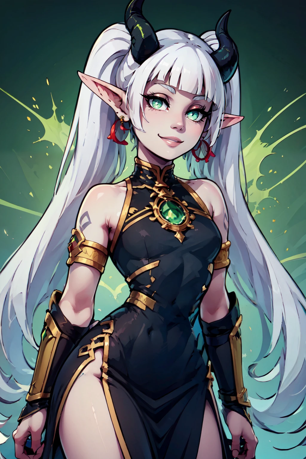 ((masterpiece,best quality)), absurdres,   BREAK, ,   <lora:Sabella:0.8>,    zzSabellaCitronOC, long hair, bangs, green eyes, pointy ears, horns, twintails, blunt bangs, colored skin, grey skin, white hair, very long hair,  jewelry, earrings, bare shoulders, black dress, sleeveless dress, armlet, ,   BREAK, hip to the side, hand on hip, contrapposto,, BREAK, solo, smile, looking at viewer, cowboy shot,