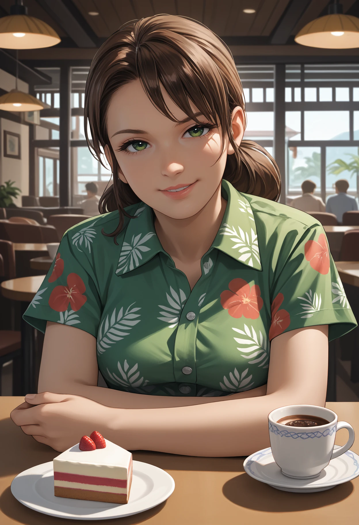 score_9, score_8_up,score_7_up, source_anime, 1girl, solo, <lora:MGSVsnpqt_pdxl_EliPot:1>, mgsnp,  long hair, brown hair, green eyes, mature female,
hawaiian shirt, dress shirt, unbuttoned, multicolored shirt, purple shorts, looking at viewer, pov across table, pov, table, cafe, coffee, upper body, elbow rest, seductive smile, smirk, parted lips, cake indoors,