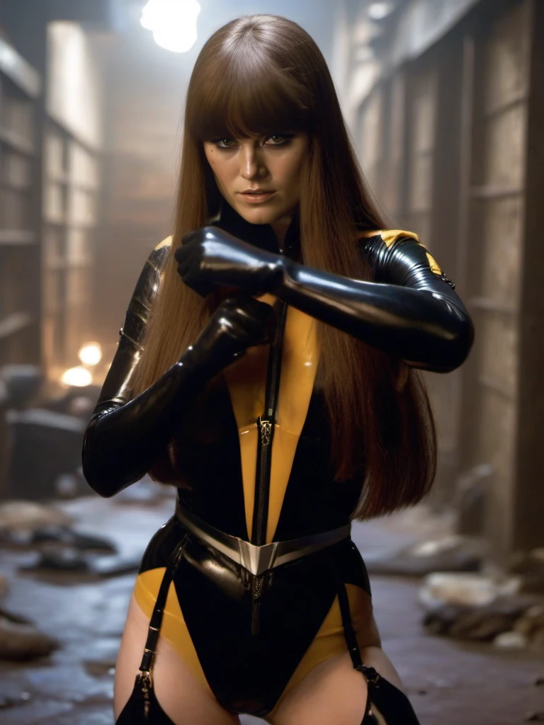 cinematic photo 1girl, long hair, thighhighs, blunt bangs, high heels tight boots, brown hair, bodysuit,  elbow gloves, garter straps, mole, fighting pose, in a dark alley, vintage street<lora:SilkSpectre2-1024:0.8> . 35mm photograph, film, bokeh, professional, 4k, highly detailed