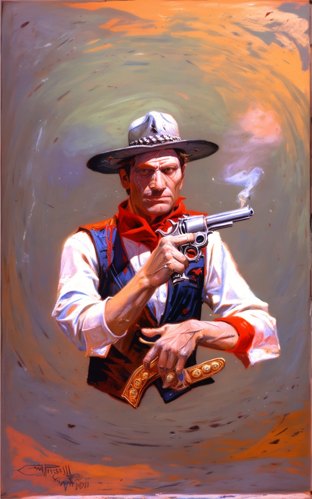 <lora:charles-marion-russel_pony_v6:1> 'American Old West' by russell charles marion in 1902, portrait \(genre\), romanticism \(style\)  painting \(medium\) Portrait of Jack Halfwit, a cowboy with  a revolver in his hand, score_9, score_6_up, score_7_up