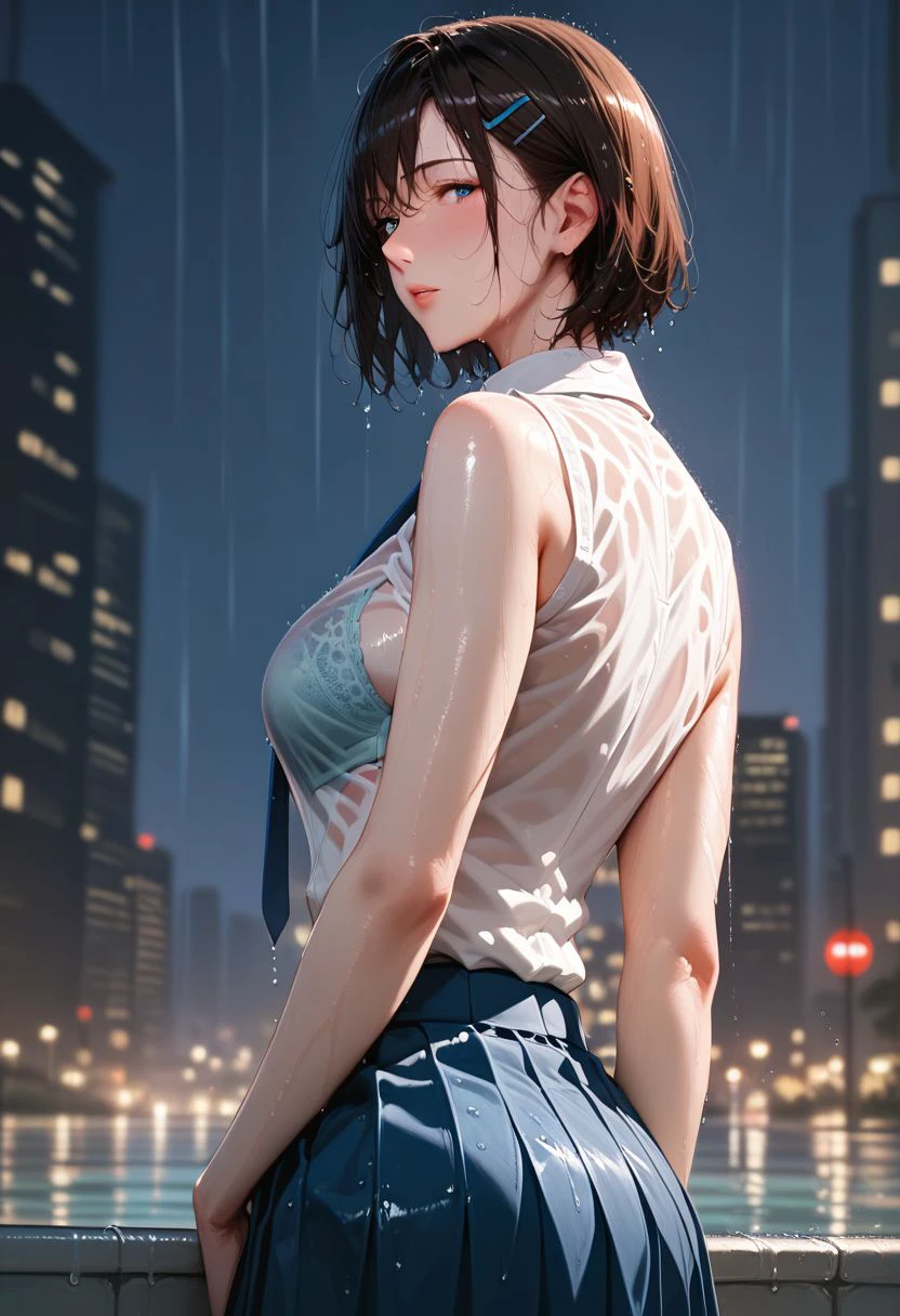 score_9, score_8_up, score_7_up, score_6_up, source_anime, <lora:MKY 0.1v:1>, MKY,
detailed background, 1girl, skirt, wet clothes, wet, solo, rain, blue eyes, outdoors, looking at viewer, pleated skirt, shirt, short hair, brown hair, hair ornament, hairclip, sleeveless, see-through, looking back, parted lips, blue skirt, blurry, bangs, wet shirt, bob cut, necktie, white shirt, breasts, night, bare shoulders, blurry background, from behind, shirt tucked in, blue necktie, bra, water, standing, collared shirt, cowboy shot, sleeveless shirt, medium breasts, school uniform, underwear, bare arms, wet hair, depth of field, arms at sides, cityscape,