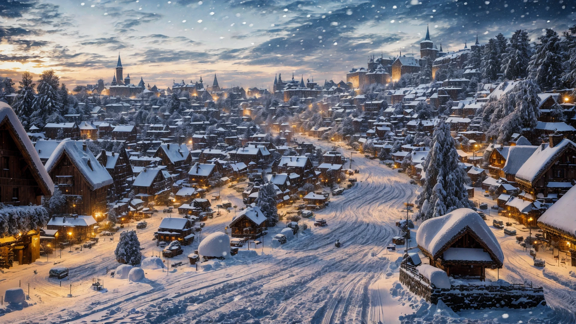 Role-playing game (RPG) style fantasy (a snowy winter scene), (of a medieval fantasy town), snow, winter, snowing, road, town, <lora:snowbound:0.8>, snowbound, high quality, highres, masterpiece, best quality, 8k, intricate, detailed, <lora:add_detail:0.6> . Detailed, vibrant, immersive, reminiscent of high fantasy RPG games