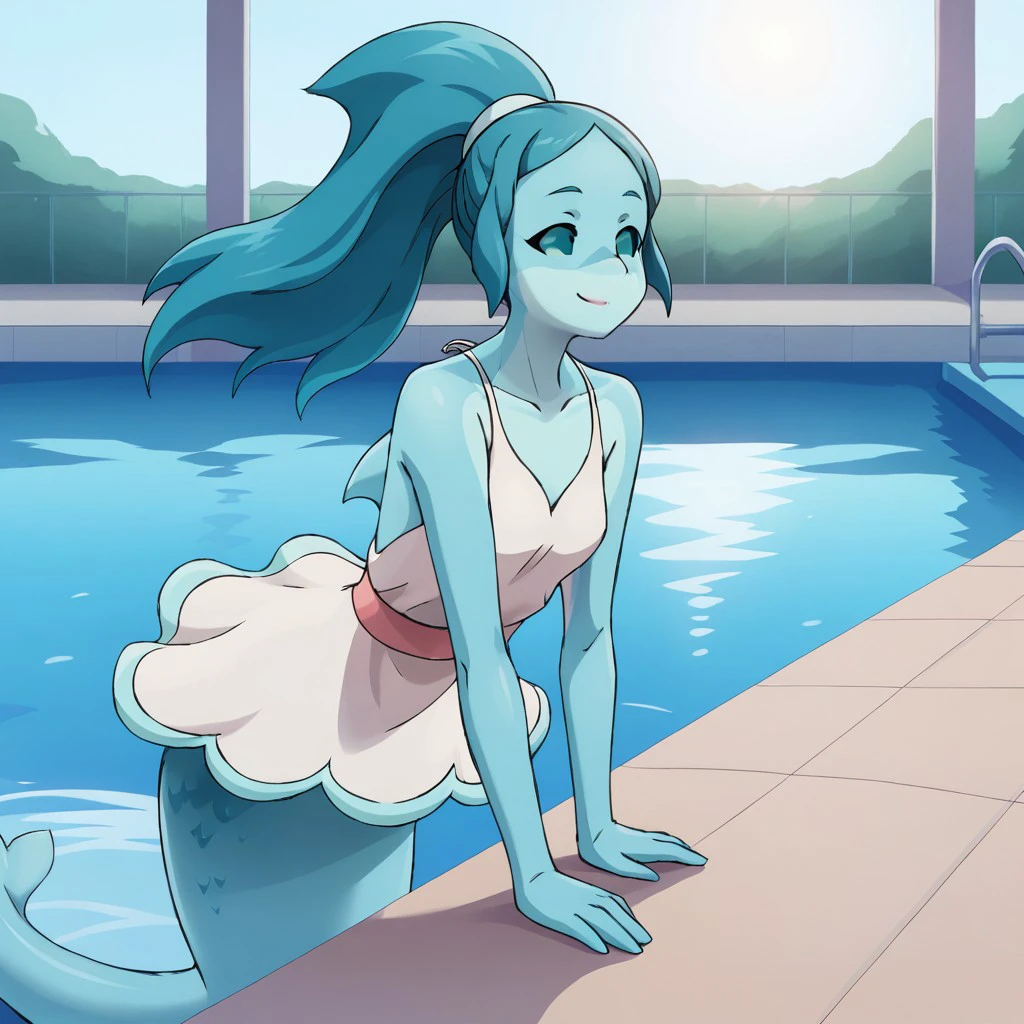 score_9, score_8_up, score_7, BREAK, nina_flip, ponytail, long hair, dress, blue skin, monster girl, mermaid, pool, smile. sunlight, natural lighting