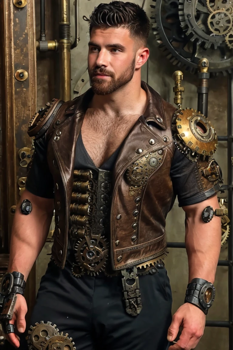 photo of a man, p4yn3, facial hair, male (steampunk cyborg), gears and cogs, steaming body, realistic, highly detailed, intricate details, detailed background, depth of field, dynamic pose, perfect face, perfect eyes, dynamic angle,    <lora:cam:.9>