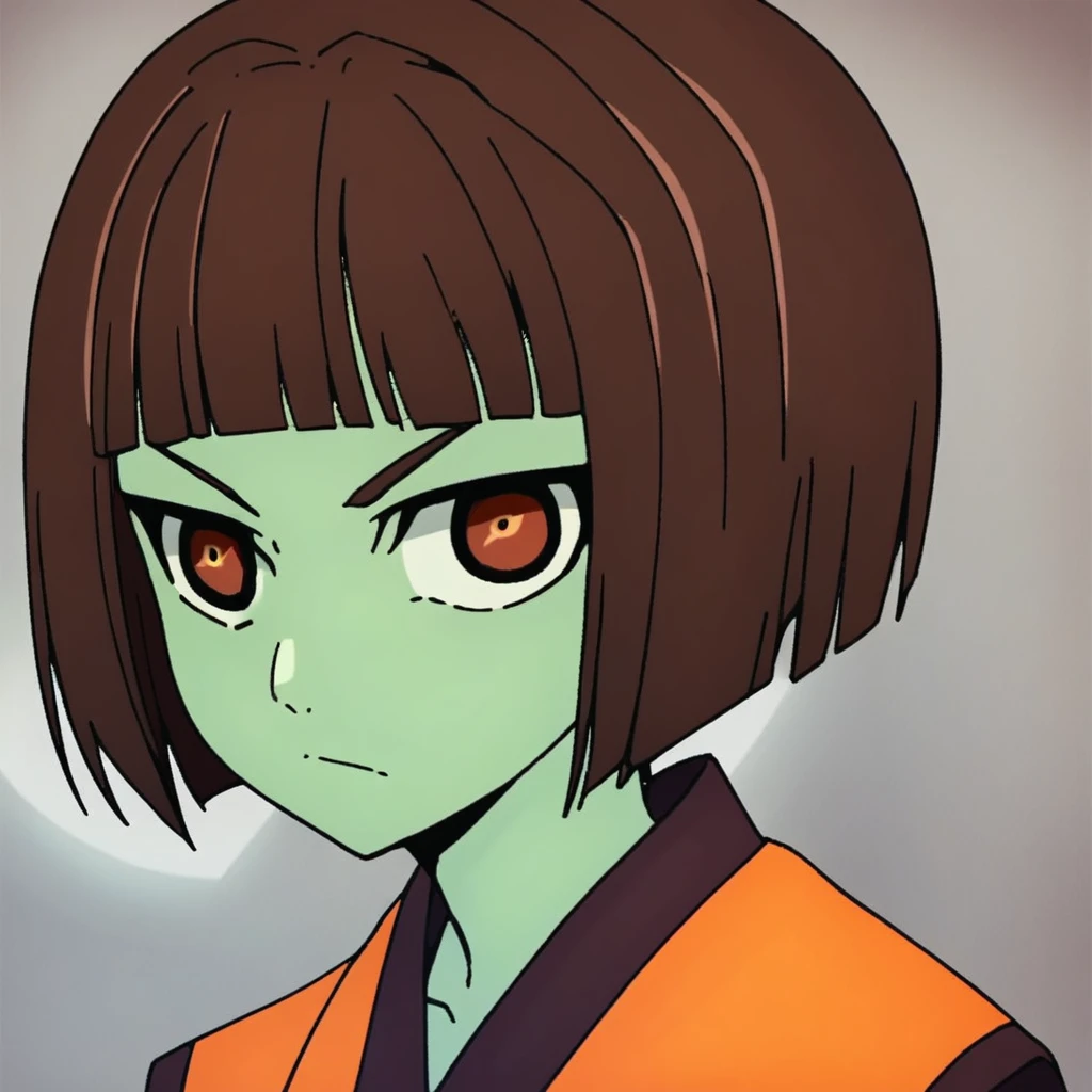 score_9, score_8, score_7, source_anime, anak zahard, green skin, solo, 1girl, colored skin, brown hair, short hair, bob cut, bangs, looking at viewer, lizard girl, red eyes