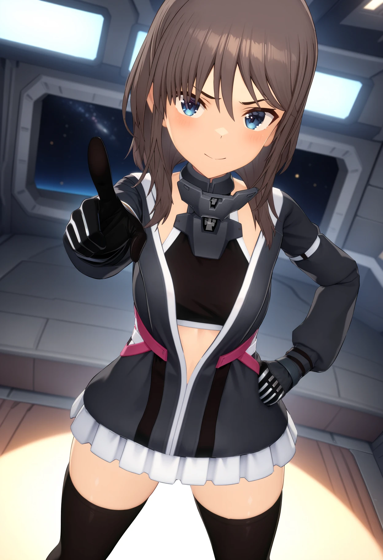 masterpiece,best quality,very aesthetic,absurdres,rim light,metallic luster,intricate details,1girl<lora:yuuto_v1.4:1>,yuuto,Blacksmith_y,long_sleeves,black sports bra,black gloves,zettai ryouiki,black_thighhighs,<lora:Fixhands_anime_bdsqlsz_V1:1>,
smirk,light_blush,Space Station,starry_sky,looking_at_viewer,cinematic_angle,front view,pointing,point to here,hand on hip,standing,spread legs,from_above,, masterpiece,best quality, very aesthetic, absurdres, ultra detailed, high resolution, 4k, extremely detailed CG,