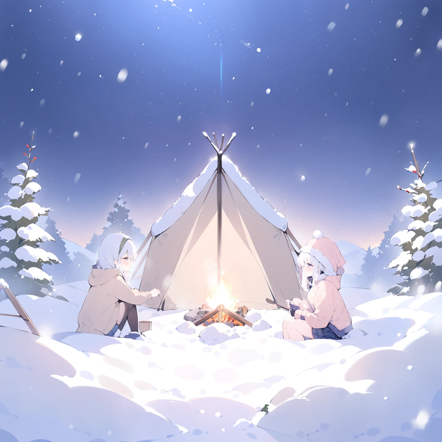 2girls, snow, snowing, night, campfire, tent, camping, sitting, camp chair, <lora:Snowbound-SDXL:1>, snowbound, BREAK score_9, score_8_up, score_7_up, best quality, masterpiece, 4k, prefect lighting, very aesthetic, zPDXL2