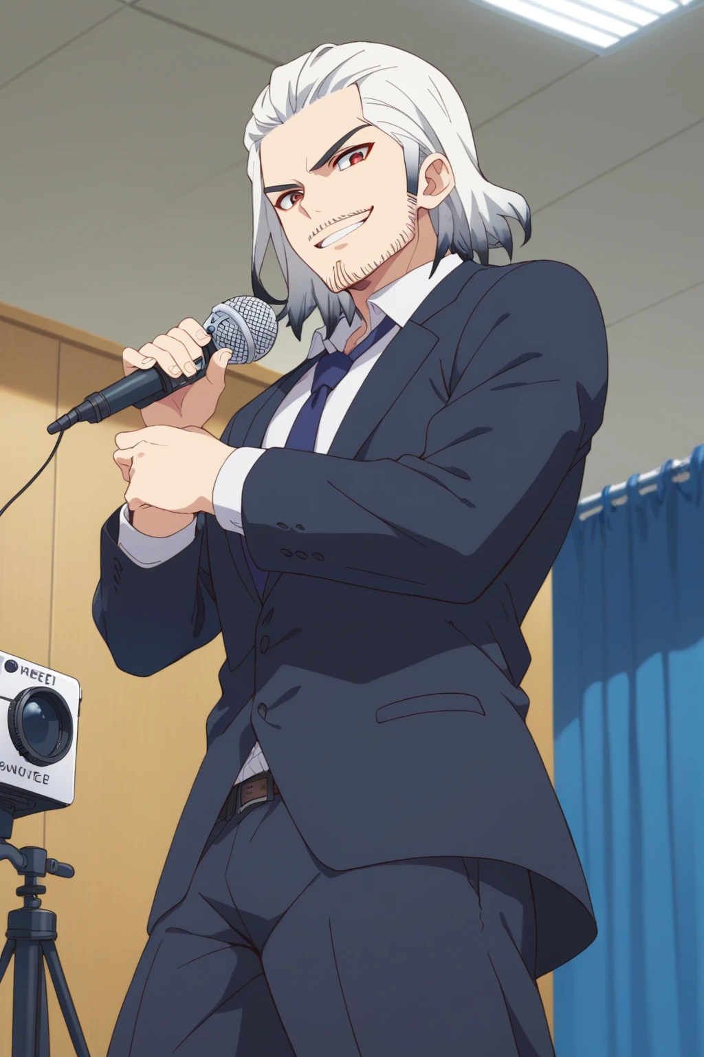 score_9, score_8_up:1.1), score_7_up, source_anime, Byakuya Ishigami, 1boy, solo, white hair, gray hair, two-toned hair, medium hair, red eyes, beard, smirk, flashes, microphone, interwiew, cameras, formal suit, looking at viewer, from below, cowboy shot, indoors, news conference