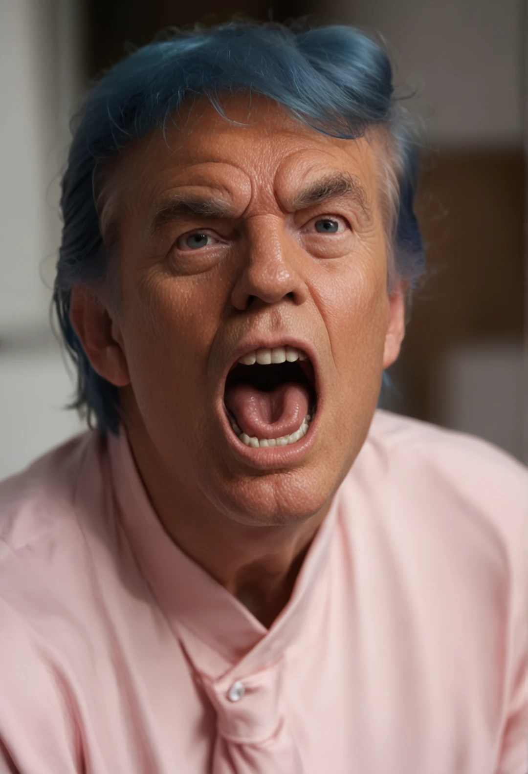 score_9, score_8_up, score_7_up , Trumpet, solo, looking at viewer, blue hair, 1boy, pink dress, male focus, portrait, realistic, upper body, yelling, mad