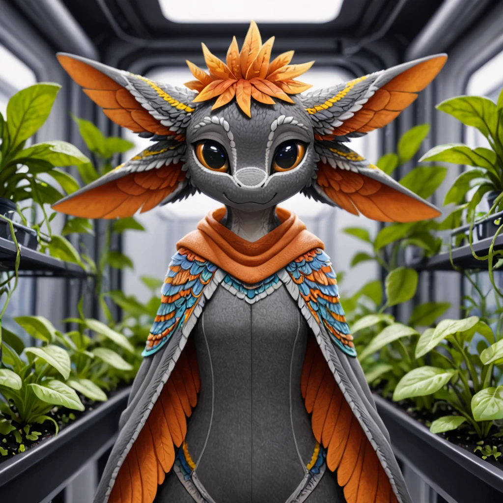 <lora:zavali_xl_3:1> avali, female, (solo:2.0), full body ( clothing:1.0) ,((grey suit:1.1)(orange poncho:1.2)),detaled fur , black budy, feather hairstyle , (4 ears:1.2) ,(winged arms:0.85), (3 fingers), (looking at viewer), ((front view)), (biology,  complex,hydroponics )),((detailed background,  (intricate:0.8), (high detail:1.3)), (soft focus:1.15), (masterpiece, best quality, 2k, shaded)