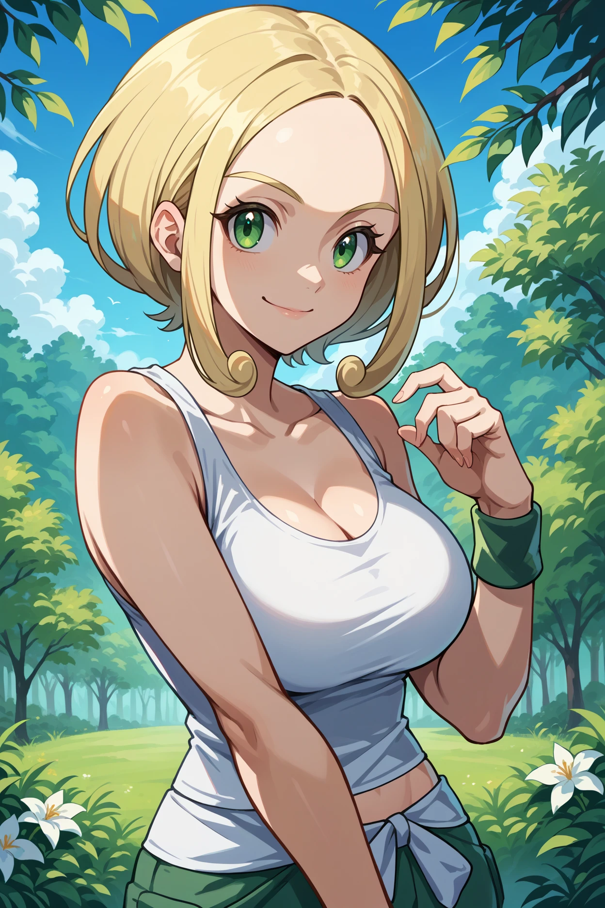 score_9, score_8_up, score_7_up, score_6_up, source_anime, 1girl, solo,  <lora:pkmnviola-pdxl-nvwls-v1-000004:1> defvla, blonde hair, green eyes, parted bangs, short hair, white tank top, sleeveless, wristband, midriff, green pants, cleavage, large breasts, upper body, looking at you, happy, smile, blue sky, forest, closed mouth, portrait, arm at side