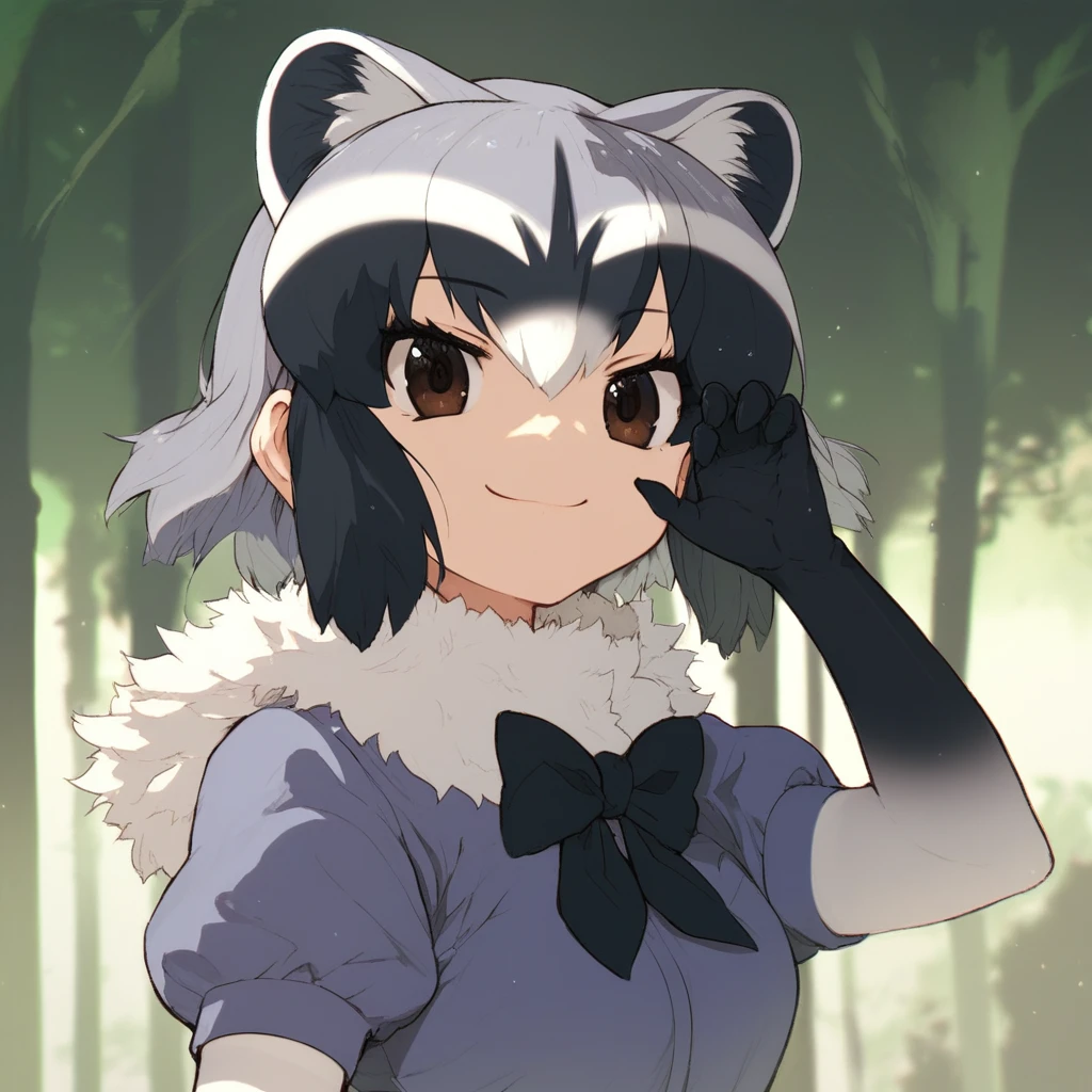 1girl, solo, best quality, ultra-detailed, extremely detailed, perfect anatomy, masterpiece, score_9, score_8_up, score_7_up, Common Raccoon (Kemono Friends), raccoon ears, brown eyes, bangs, multicolored hair, tail, raccoon tail, grey hair, black hair, white hair, short hair, black bowtie, puffy short sleeves, black gloves, elbow gloves, fur collar, pleated skirt, black skirt, blue shirt, pantyhose, black shoes, outdoors, in a forest, standing, smiling, staring at viewer, cute pose,