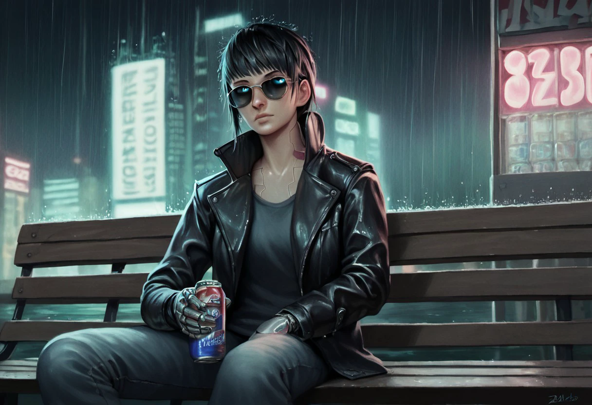 Realistic, Shading, water color painting, traditional media, score_9, score_8_up, score_7_up, score_6_up,  zoe-baker, black hair, blue eyes, pants, open jacket, black jacket, lips, night, sunglasses, denim, rain, can, bench, leather, cyborg, prosthesis, leather jacket, cyberpunk, vending machine, neon lights, sensitive