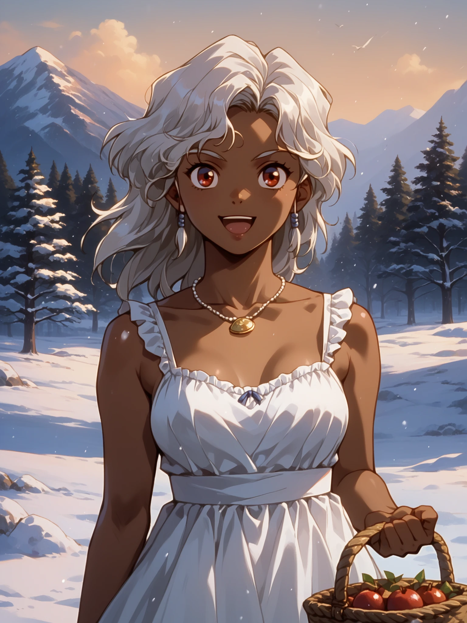 (upper body, solo focus:1.2) <lora:rita-v0.2:1>, ht_rita, white hair, jewelry, necklace, dark skin, dark-skinned female, medium breasts, 1990s \(style\), retro artstyle (petite:1.2), <lora:Shed_The_Skin's StS_age_slider_v1_initial_release:-1.25> ( :1.1) (sagging breasts:1.2) ( , , , crazy smile , (looking at viewer:0.6) :1.1) outdoors, vegetation, ( :1.1), winter, snow , (dawn :0.6), , ((sidelighting:0.5), (light rays, light particles:0.5) :0.5), , ( :0.9), picnic, (picnic basket:0.8), (sundress:1.2) ( :0.8) score_9, score_8_up, score_7_up, score_6_up, score_5_up, score_4_up, ( [(realistic, photorealistic:1.3):(realistic:1.2):14] [(3d:1.2)::12] [:anime coloring:10] :1) <lora:LUUNA's Lunas-NijiJourney-SDXL-B2:0.35>, nijijourney <lora:prgfrg23's Counterfeit-V3.0 Style SDXL_LoRA_Pony Diffusion V6 XL:0.6> <lora:mfcg's mfcgXL:0.12> <lora:reweik's gyokai(himehajime)_PonyXL_style_v01:0.14>