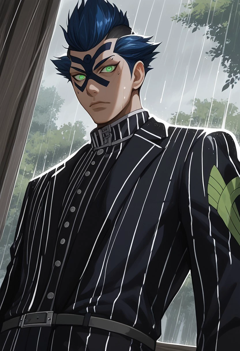 score_9, score_8_up, score_7_up, source_anime, rating_safe, asymmetrical composition, BickslowFT, dark blue Bickslow face tattoo, green Bickslow eyes, glowing, 1boy, male focus, suit, goth outfit, arm support, cropped legs, large window, raining outdoors, tree exterior, low cabinet, candles, from below, looking down at viewer, dutch angle, realistic shading,