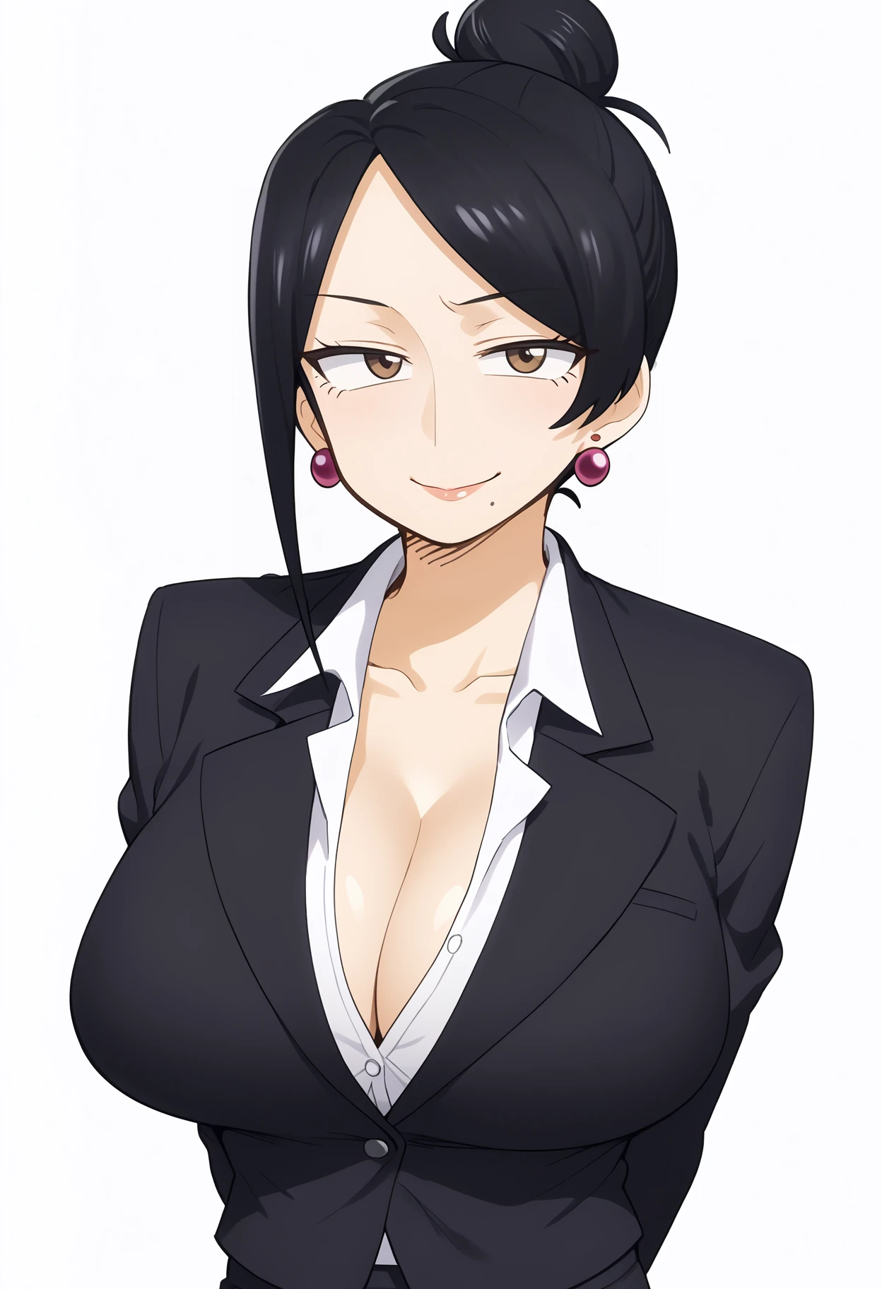 score_9, score_8_up, score_7_up, anime screencap, BREAK
1girl, takizawa, brown eyes, black hair, single hair bun,
mole under mouth,
large breasts, cleavage, earrings, mature female, black jacket, formal, pencil skirt,
arms behind back,
solo, smile, upper body,  looking at viewer, simple background, white background    <lora:TakizawaXL:1>