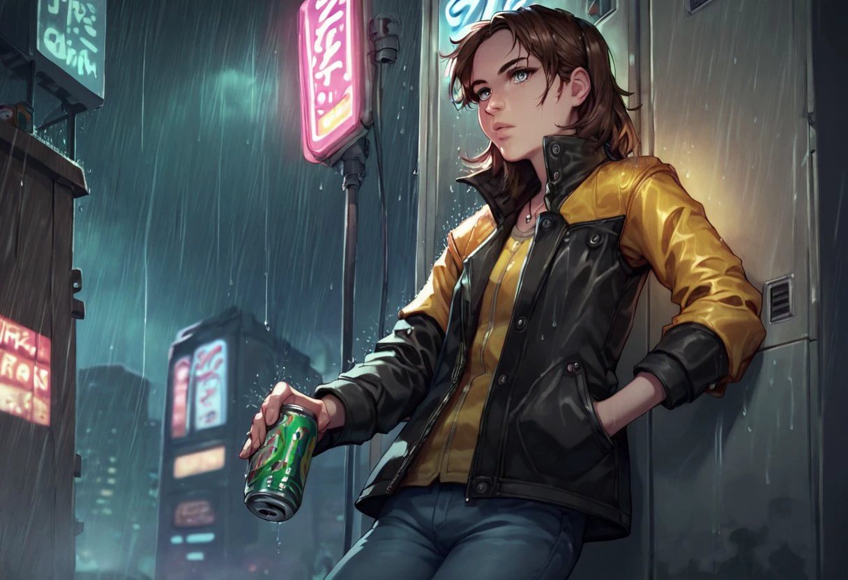 anime coloring, score_9, score_8_up, score_7_up, multicolored eyes, gray eyes, Arya-stark,  brown hair, solo, pants, open jacket, black jacket, lips, night, denim, rain, can, leather, cyborg, prosthesis, yellow leather jacket, cyberpunk, vending machine, neon lights, general