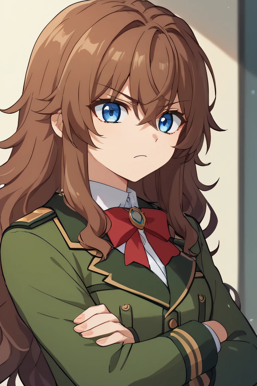 score_9, score_8_up, score_7_up, source_anime, rating_safe, intricate details, anime screencap, official style, 1girl, <lora:Chall_Acustica_00P:1>, chall, blue eyes, brown hair, hair between eyes, wavy hair, red bow, green military uniform, blazer, green jacket, upper body, frown, crossed arms