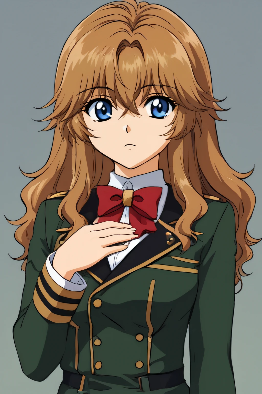 score_9, score_8_up, score_7_up, source_anime, rating_safe, intricate details, anime screencap, official style, 1girl, retro artstyle, <lora:Chall_Acustica_00P:1>, chall, blue eyes, brown hair, hair between eyes, wavy hair, red bow, green military uniform, blazer, green jacket, green pleated skirt, indoor, looking at viewer, upper body, standing, hand on chest