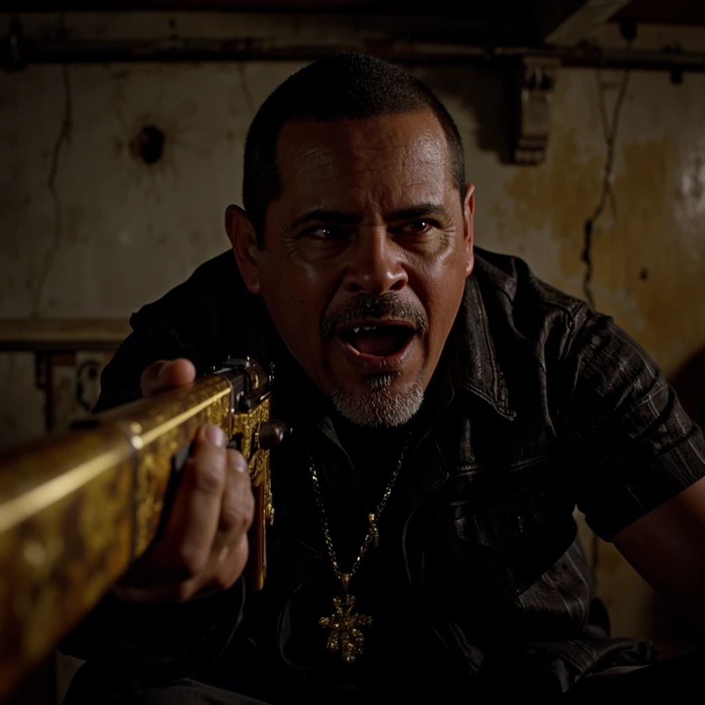 Tuc0, captured in a moment of terrifying intensity, is depicted in a dimly lit, grimy underground hideout. He's leaning forward aggressively, his face contorted in a menacing scowl, eyes wide with fury, and veins bulging from his neck. His clenched fists hold a 24k solid gold AK-47 with intricate mayan engravings, hinting at the violent rage he's just unleashed. The background features a cracked concrete wall, dimly lit by a single flickering lightbulb, casting sharp shadows that enhance the menacing atmosphere. The composition is tight, focusing on his face and upper body, with every detail of his snarling expression and sweat-soaked skin captured in sharp, high-definition clarity, making the viewer feel the full weight of his unbridled anger and intensity.

The scene is captured with the precision and clarity of a high-end medium format camera, such as the Hasselblad H6D-100c, ensuring an image of ultra-high resolution and extraordinary detail. The lighting is dramatic, with a warm, golden-hour glow illuminating his figure and the surrounding treasures, highlighting the rich textures of the gold and jade. Soft shadows add depth to the intricate carvings on the throne and the patterns on his royal attire. The overall image quality is pristine, with sharp focus on his face, allowing every detail of his smile, expressions, and the opulence of his surroundings to be vividly rendered.