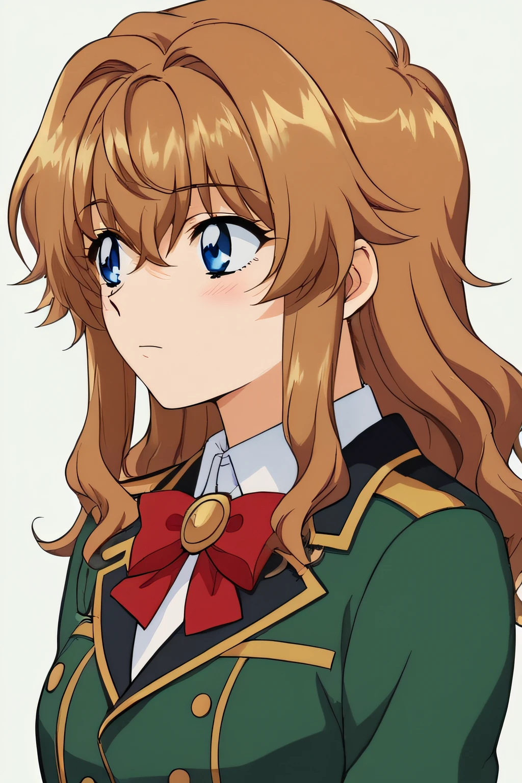 score_9, score_8_up, score_7_up, source_anime, rating_safe, intricate details, anime screencap, official style, 1girl, <lora:Chall_Acustica_00P:1>, chall, blue eyes, brown hair, hair between eyes, wavy hair, red bow, green military uniform, blazer, green jacket, upper body, blush, arms behind back, retro artstyle