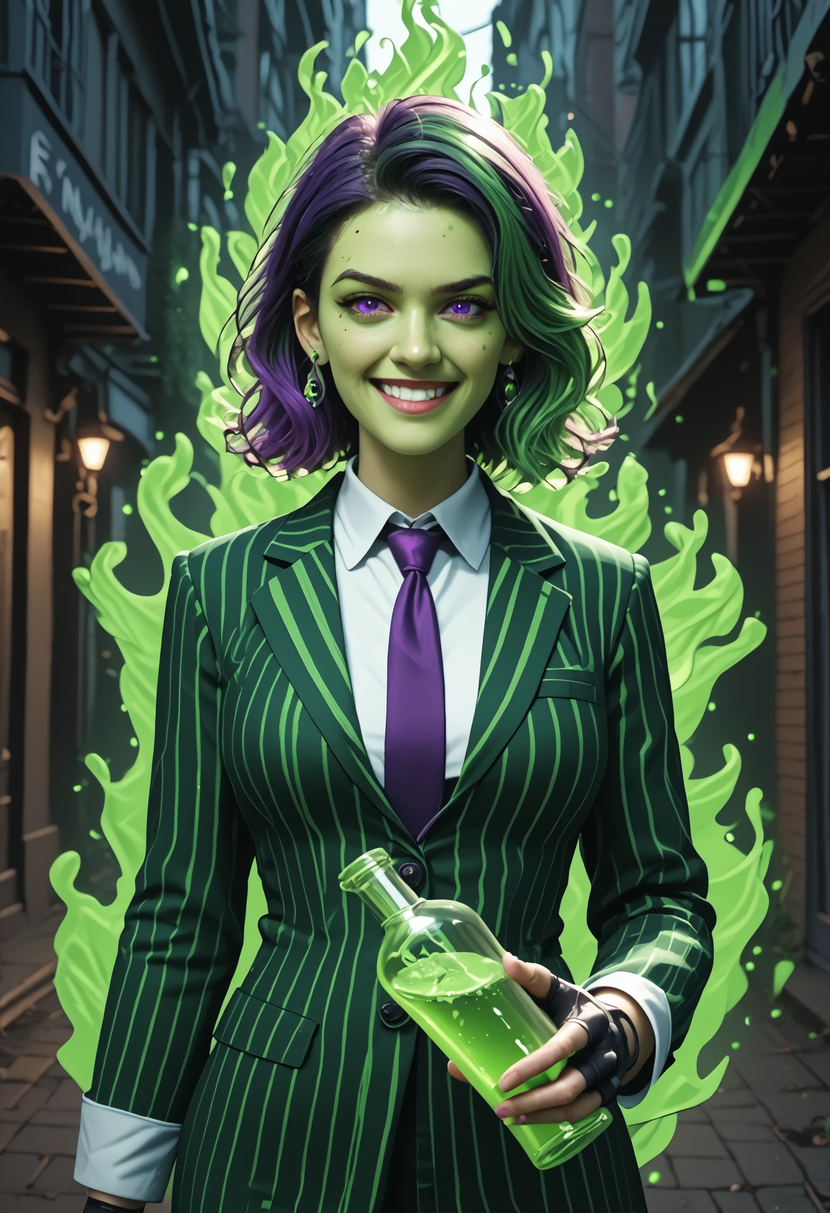 1girl, solo, smile, gloves, green hair, two tone hair, dyed bangs, medium length hair, multicolored hair, black hair, purple hair, white shirt, looking at viewer, black gloves, grin, jewelry, collared shirt, jacket, formal, mature female, necktie, purple eyes, necklace, depth of field, white suit, pinstripe suit, prison clothes, holding a bottle, potion bottle with green magic, fingerless gloves, earrings, white shirt, magic, green fire, flames, green theme, neon, green, slime tutorial, beetlejuice beetlejuice beetlejuice , beetlejuice inspired, underworld vibes, outdoors, hellscape, sidelighting, DynaPortrait_PDXL BREAK PonyXLV6_Scores