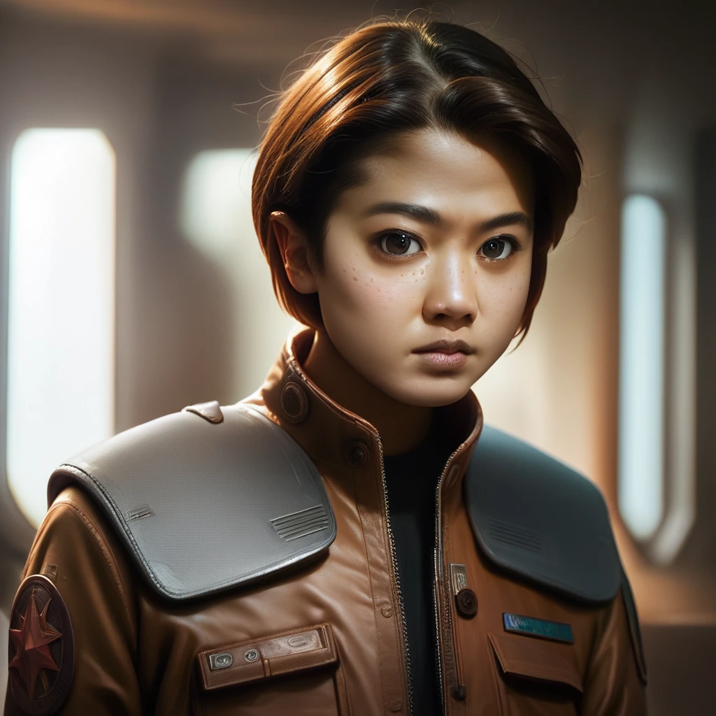 score_9, score_8_up, score_7_up, sharon-boomer-valerii, battlestar-galactica, 1girl, solo, realistic, short hair, looking at viewer, freckles, brown hair, blurry, brown eyes, jacket, upper body, pocket, indoors, lips, blurry background, black eyes, realistic