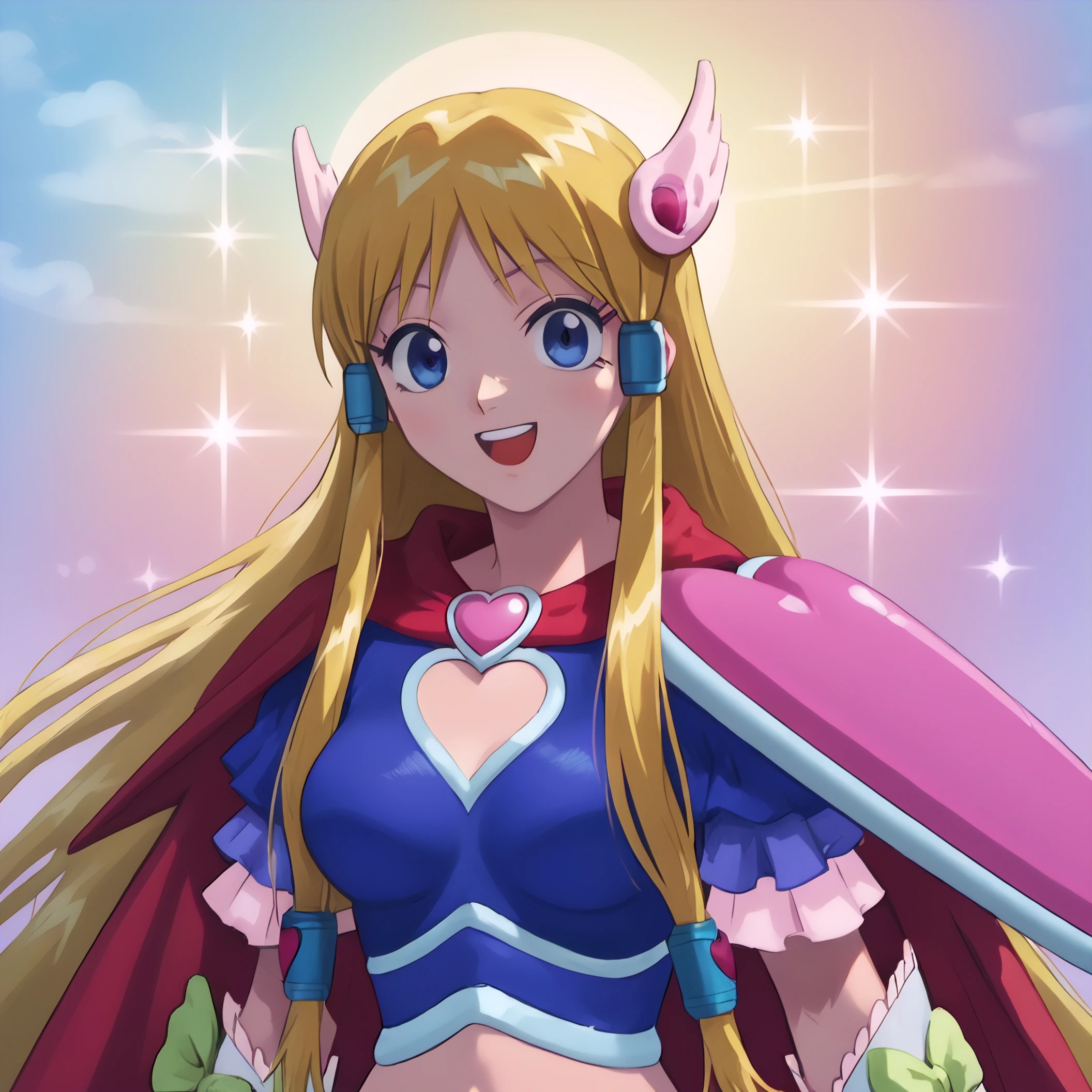 score_9, score_8_up, score_7_up,  pose, detailed digital art, painting, highly detailed texture and shading, promo art,  solo,  denbo,  magical girl, blonde, smiling,
1girl, solo,  high quality, magical girl, blonde hair, red cape, blue tube top, torso, medium breasts, midriff, hair accessories, blonde hair, blue eyes, headshot, head and shoulders,
 masterpiece, best quality, pretty, cute, detailed, flowing hair, elegant, open-mouth smile, hands at sides, japanese idol stage, flashing lights, sparkles, flashy