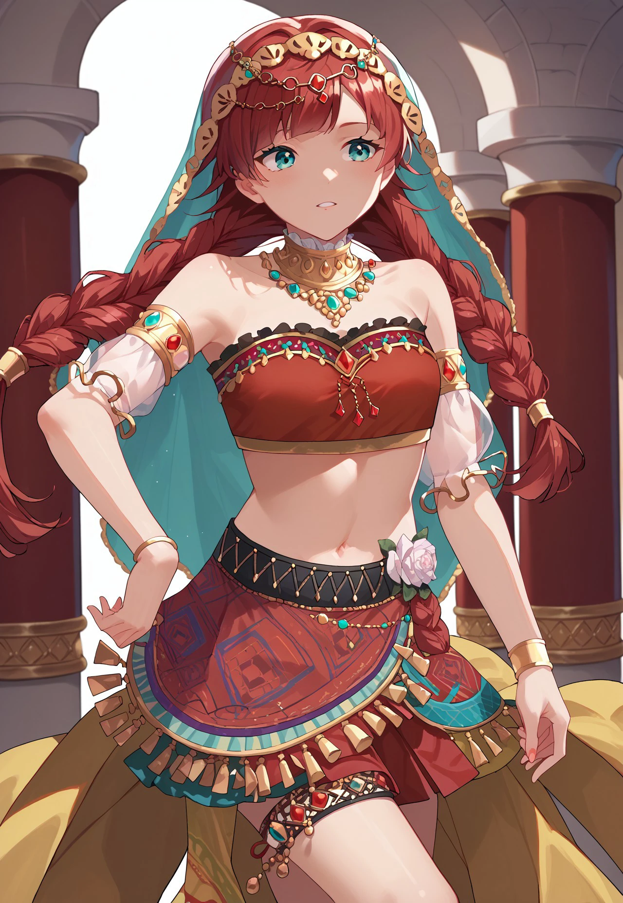 score_9, score_8_up, score_7_up, source_anime, 1girl, solo, llsif_dancer, red bandeau, red skirt, braid, twin braids, red hair, bangs, long hair, aqua eyes, short skirt, arabian clothes, dancer,