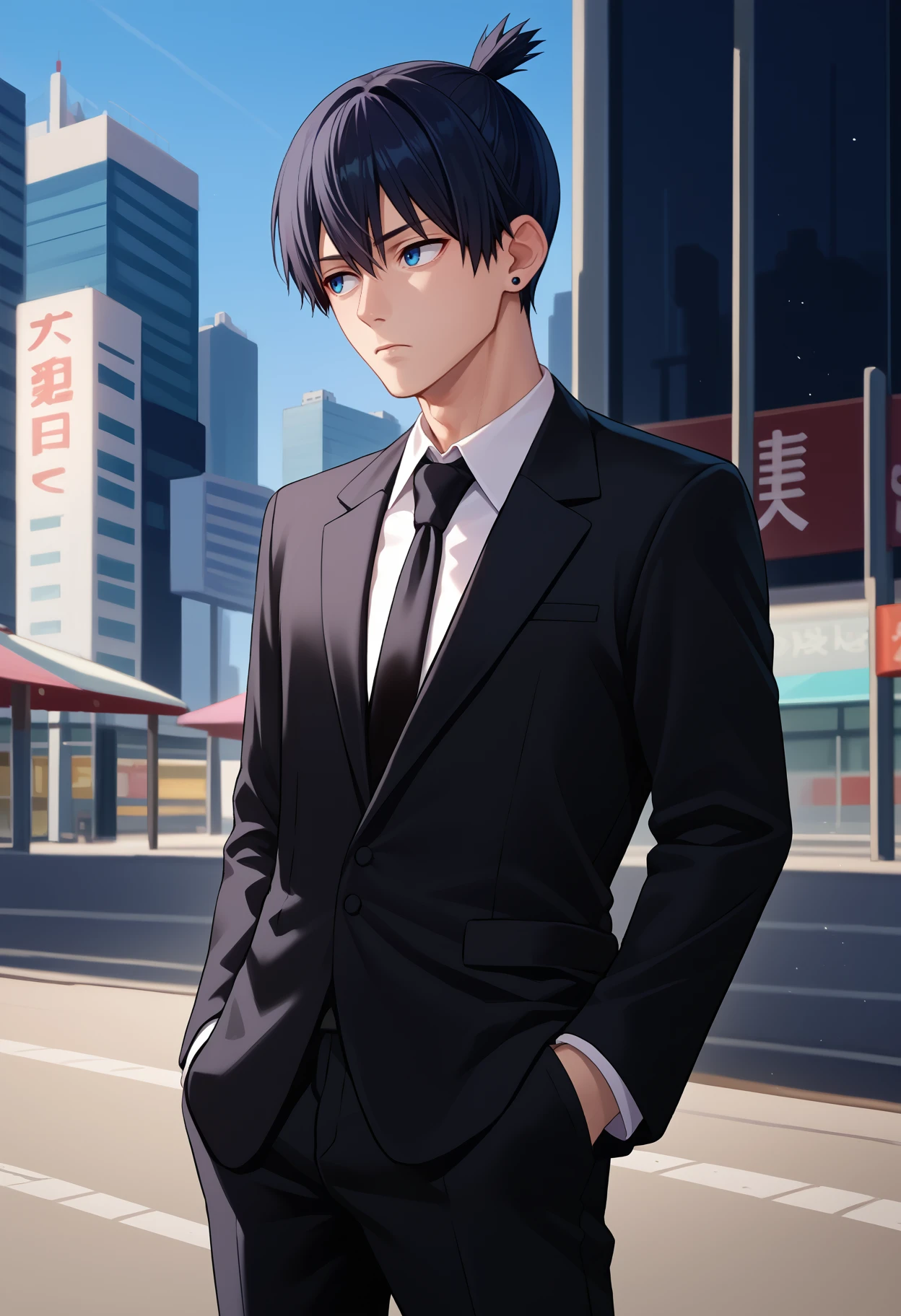 score_9, score_8_up, score_7_up, source_anime, solo, male focus, 1boy, hayakawa aki, expressionless, looking away, standing, hands in pockets, black hair, topknot, blue eyes, formal, black suit, black jacket, suit jacket, long sleeves, white shirt, collared shirt, black necktie, black pants, stud earrings, outdoors, city
<segment:yolo-face_yolov8m.pt,0.4,0.5>