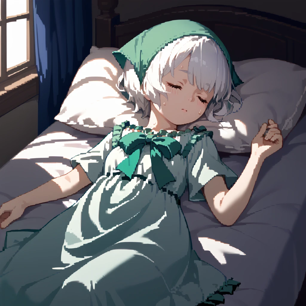 1girl,solo,<lora:yonah:1>,"young-yonah,white hair,short hair,green head scarf,green ribbon,white dress,frilled dress,sleveless dress,ribbon trimmed dress,short dress",
indoors,bedroom,
on back,on bed,sleeping,closed eyes,sick,sweat,, score_9, score_8_up, score_7_up, perfect anatomy, source_anime, zPDXL2,