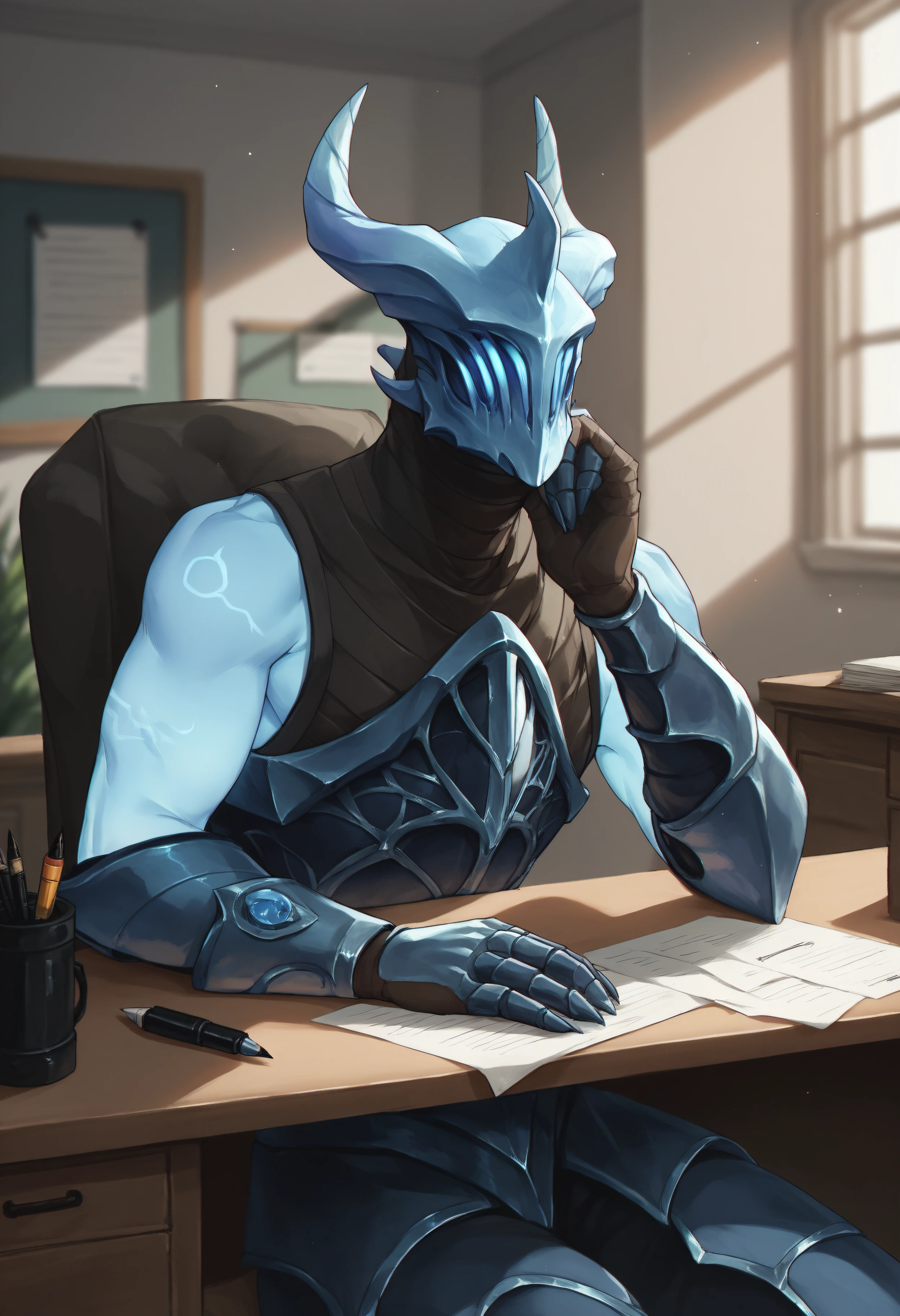 score_9, score_8_up, score_7_up, score_6_up, score_5_up, score_4_up, BREAK, razorpdxl, solo, horns, glowing, male focus, 1boy, armor, helmet, interior, doing taxes, desk, sitting, gauntlets, gloves, bored, resting on hand, pen, <lora:Razor:0.8>